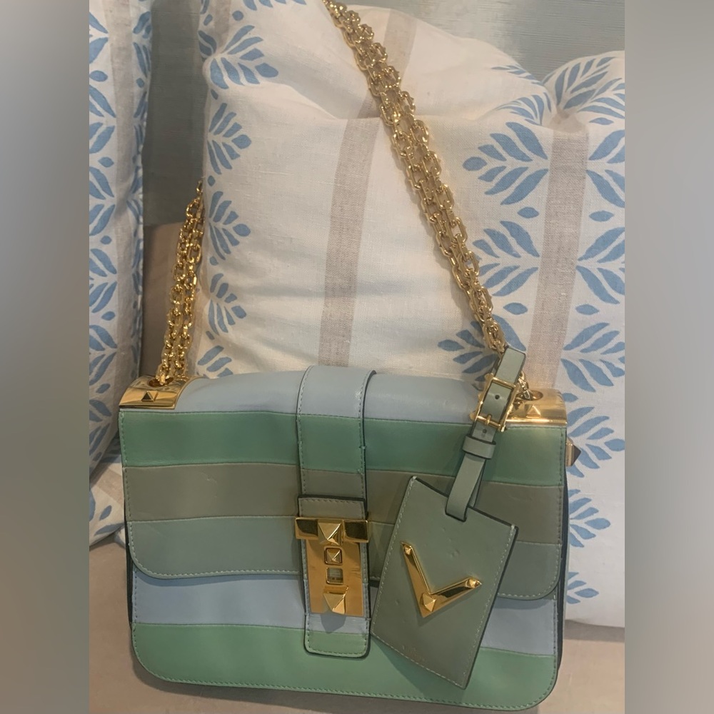 Valentino Multicolor Rock Stud Handbag with Gold Hardware Detailing.